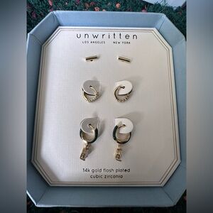 ‼️RARE‼️🎸Unwritten🎸🔥NWT🔥Earrings Gold Plated Cubic Zirconia Hoops & Bar Studs